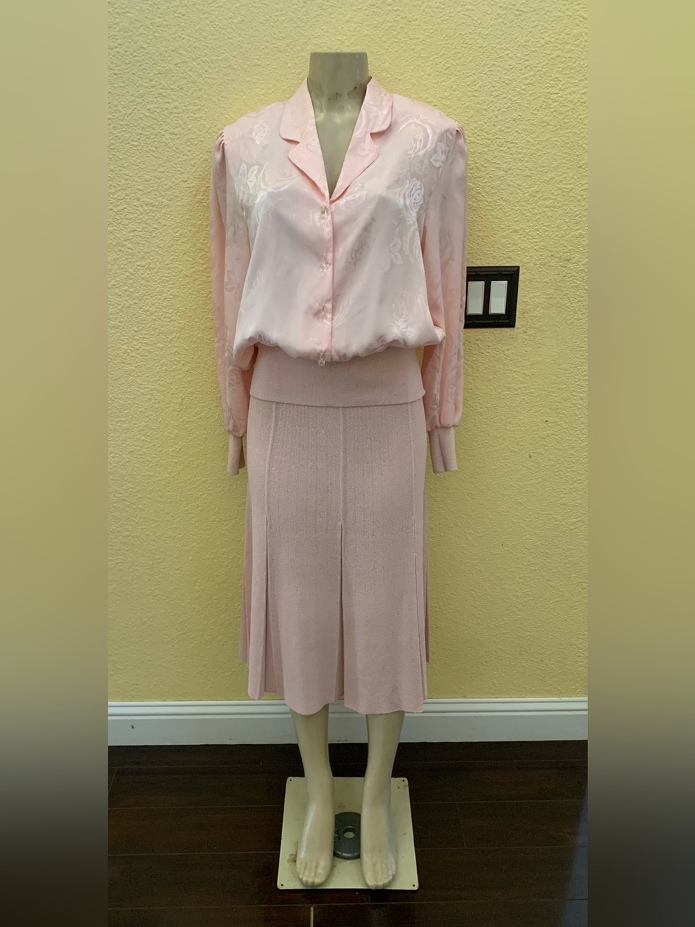 VTG Castleberry Size Large? Light Pink Floral Print Top & Knit Skirt 2pc Set